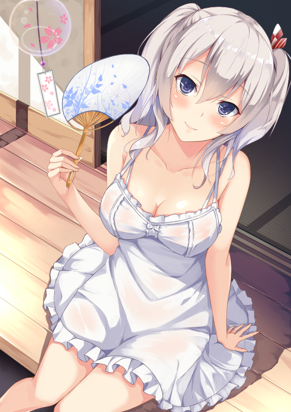 10s 1girl blue_eyes blush breasts cleavage dress female_focus hand_fan hatsu_(first_snow) kantai_collection kashima_(kancolle) large_breasts long_hair paper_fan porch silver_hair sitting smile solo sundress tsurime twintails uchiwa wavy_hair white_dress wind_chime