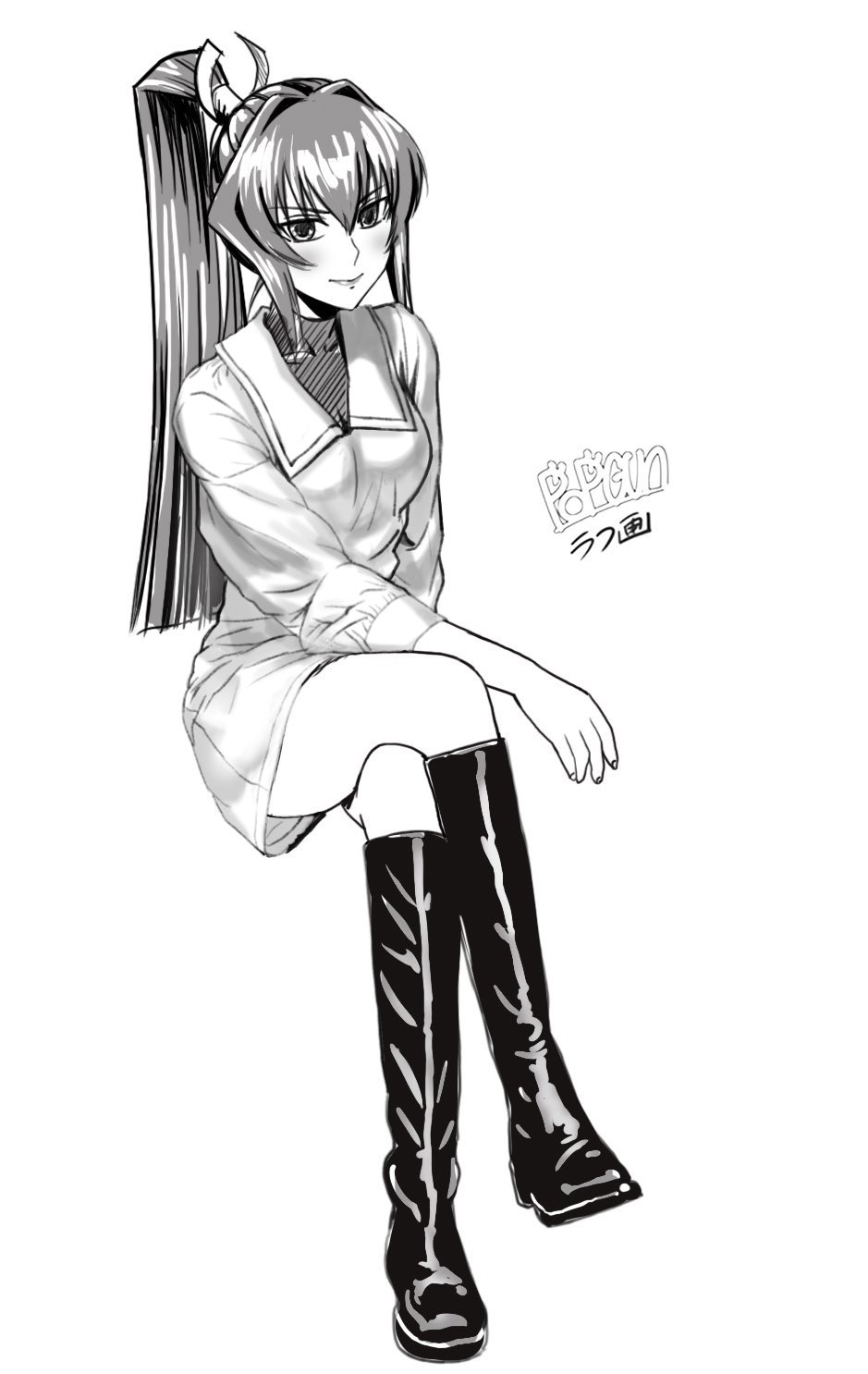 1girl artist_name blush boots breasts crossed_legs greyscale hair_intakes highres invisible_chair long_hair looking_at_viewer medium_breasts mitsurugi_meiya monochrome muv-luv ponytail popgun_(22882502) shirt simple_background sitting skirt smile solo very_long_hair white_background