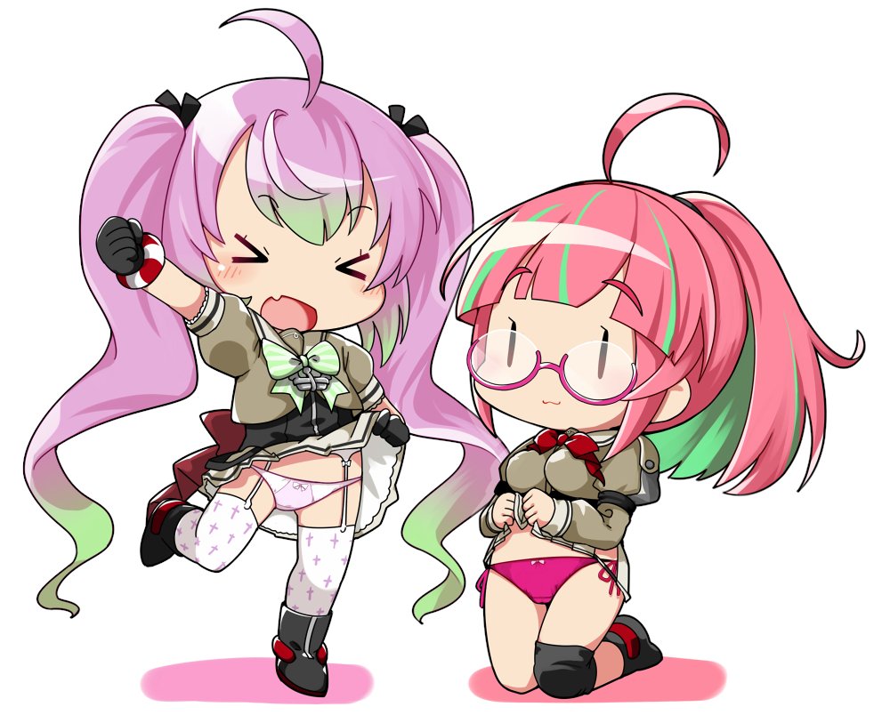 &gt;_&lt; 2girls :3 ahoge black_gloves black_ribbon blush breasts chibi closed_eyes clothes_lift commentary_request fairy_(kancolle) fang garter_belt garter_straps glasses gloves gradient_hair green_hair hair_ribbon hip_vent kantai_collection kneeling lifting_own_clothes long_hair long_sleeves medium_breasts momo_(kancolle) multicolored_hair multiple_girls nassukun open_mouth panties pink-framed_eyewear pink_hair pink_panties pleated_skirt ponytail ribbon sailor_collar school_uniform serafuku short_sleeves side-tie_panties simple_background skin_fang skirt skirt_lift thighhighs twintails ume_(kancolle) underwear very_long_hair white_background white_thighhighs