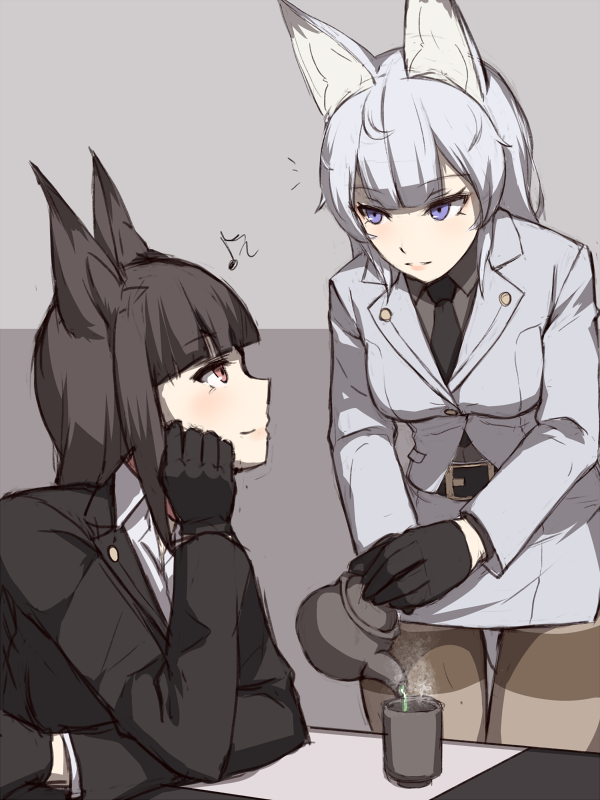 2girls animal_ears black_gloves black_hair black_necktie blue_eyes borrowed_character crossover cup fox_ears fox_tail gloves kageshio_(276006) long_hair multiple_girls musical_note necktie original pantyhose rinka_(ruuku) sekka_(kageshio) silver_hair tail tea teacup teapot uniform