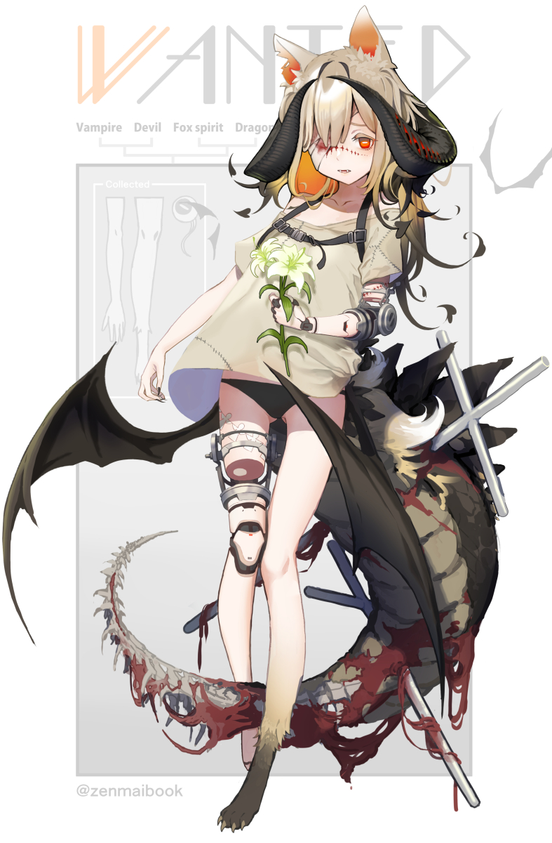 1girl amputee animal_ears animal_hands bandage_over_one_eye bat_wings black_hair black_panties blonde_hair chimera collarbone colored_inner_hair commentary_request cross dragon_horns dragon_tail fangs fingernails flower fox_ears fox_tail full_body gradient_hair highres horns impaled long_fingernails monster_girl multicolored_hair original panties prosthesis prosthetic_arm prosthetic_leg red_eyes shirt solo stitches t-shirt tail underwear vampire wings zenmaibook