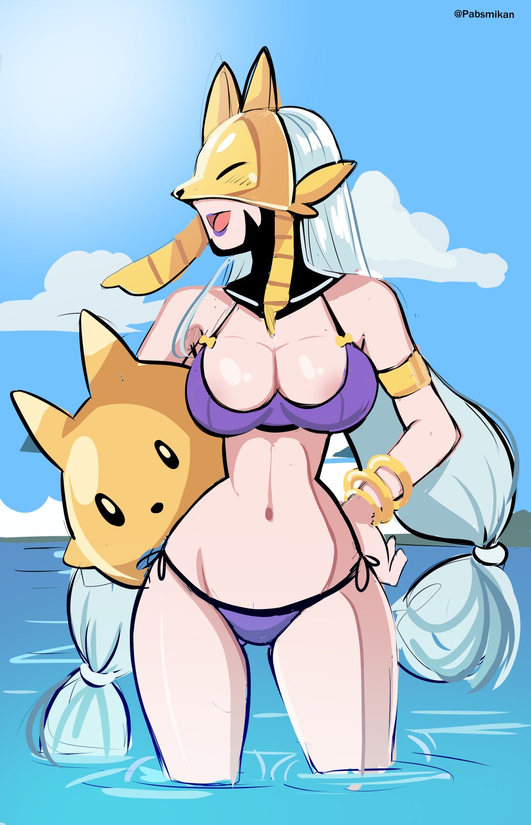 armor bikini digimon digimon_(creature) fox_mask highres long_hair mask pokomon_(digimon) sakuyamon swimsuit yin_yang