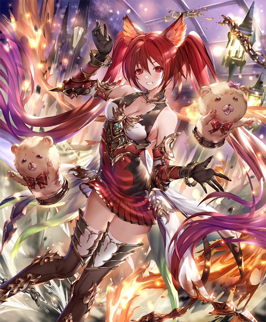 1girl 77gl animal_ears black_gloves blush boots breasts brown_footwear cerberus_(shingeki_no_bahamut) cleavage detached_sleeves dog_ears dress feet_out_of_frame gloves hair_between_eyes hand_puppet hand_up indoors knee_boots lamppost large_breasts long_hair looking_at_viewer multicolored_clothes multicolored_dress official_art puppet red_dress red_eyes red_hair shadowverse short_dress sleeveless sleeveless_dress smile solo_focus standing teeth thick_thighs thighs twintails very_long_hair