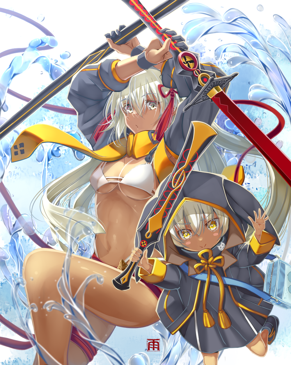 2girls ahoge amayofuu arms_up bikini black_jacket breasts cropped_jacket dark-skinned_female dark_skin fate/grand_order fate_(series) grey_eyes highres hood hooded_jacket jacket katana long_hair long_sleeves looking_at_viewer medium_breasts multiple_girls navel okita_souji_(fate) okita_souji_(koha-ace) okita_souji_alter_(fate) okita_souji_alter_(swimsuit_saber)_(fate) okita_souji_alter_(swimsuit_saber)_(first_ascension)_(fate) orange_scarf rengoku_(fate) rengoku_(first_ascension)_(fate) scarf sheath shrug_(clothing) smile swimsuit sword tassel thighs very_long_hair water weapon white_bikini white_hair