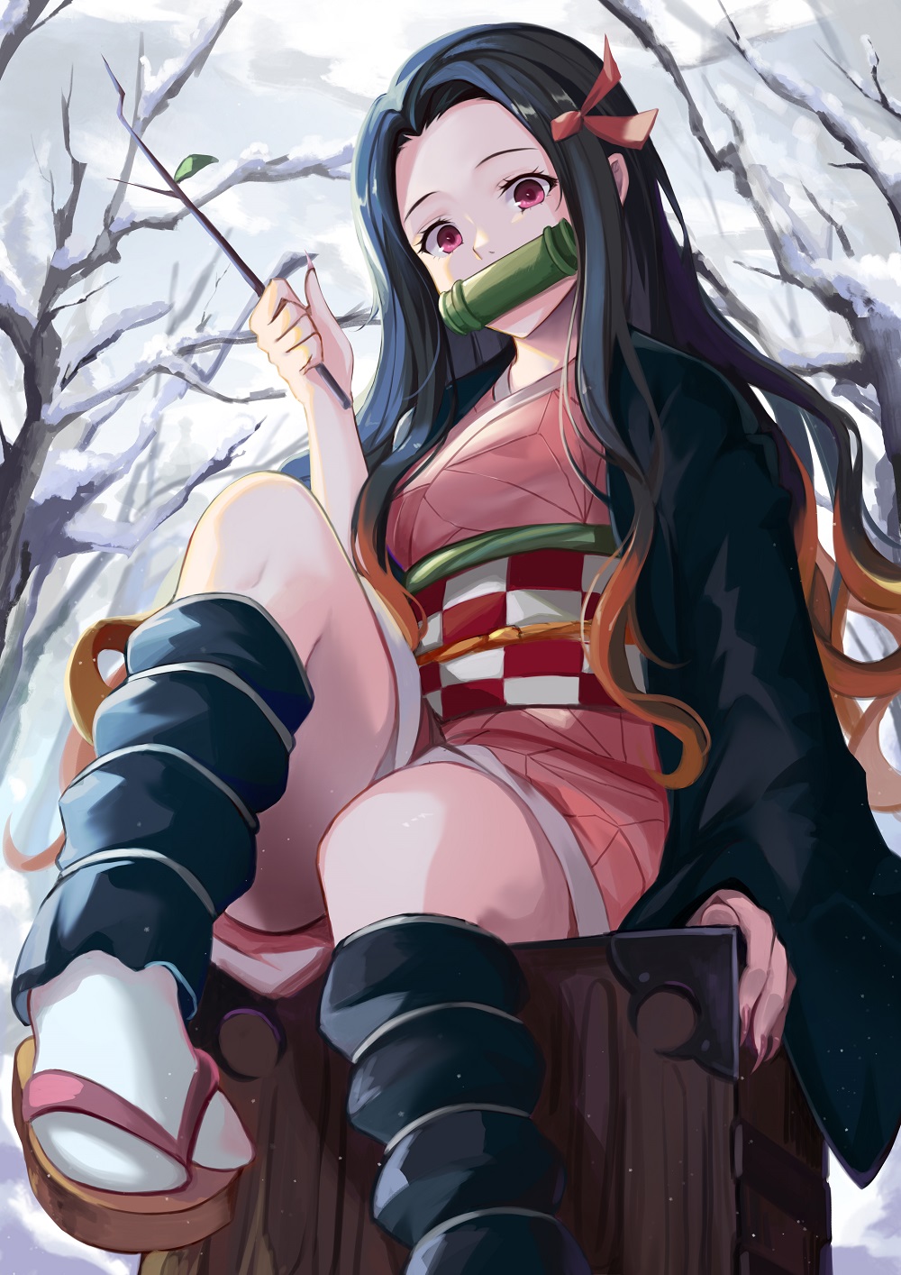 1girl bad_id bad_pixiv_id bit_gag black_hair checkered_sash day fingernails from_below gag gagged gagged_(willingly) hair_ribbon highres holding holding_wand japanese_clothes kamado_nezuko kimetsu_no_yaiba kimono kyuu_(chiu850513) long_hair looking_at_viewer looking_down multicolored_hair obi orange_hair outdoors pink_kimono print_kimono red_eyes red_ribbon ribbon sash sharp_fingernails short_kimono sitting solo tabi two-tone_hair very_long_hair wand white_legwear winter