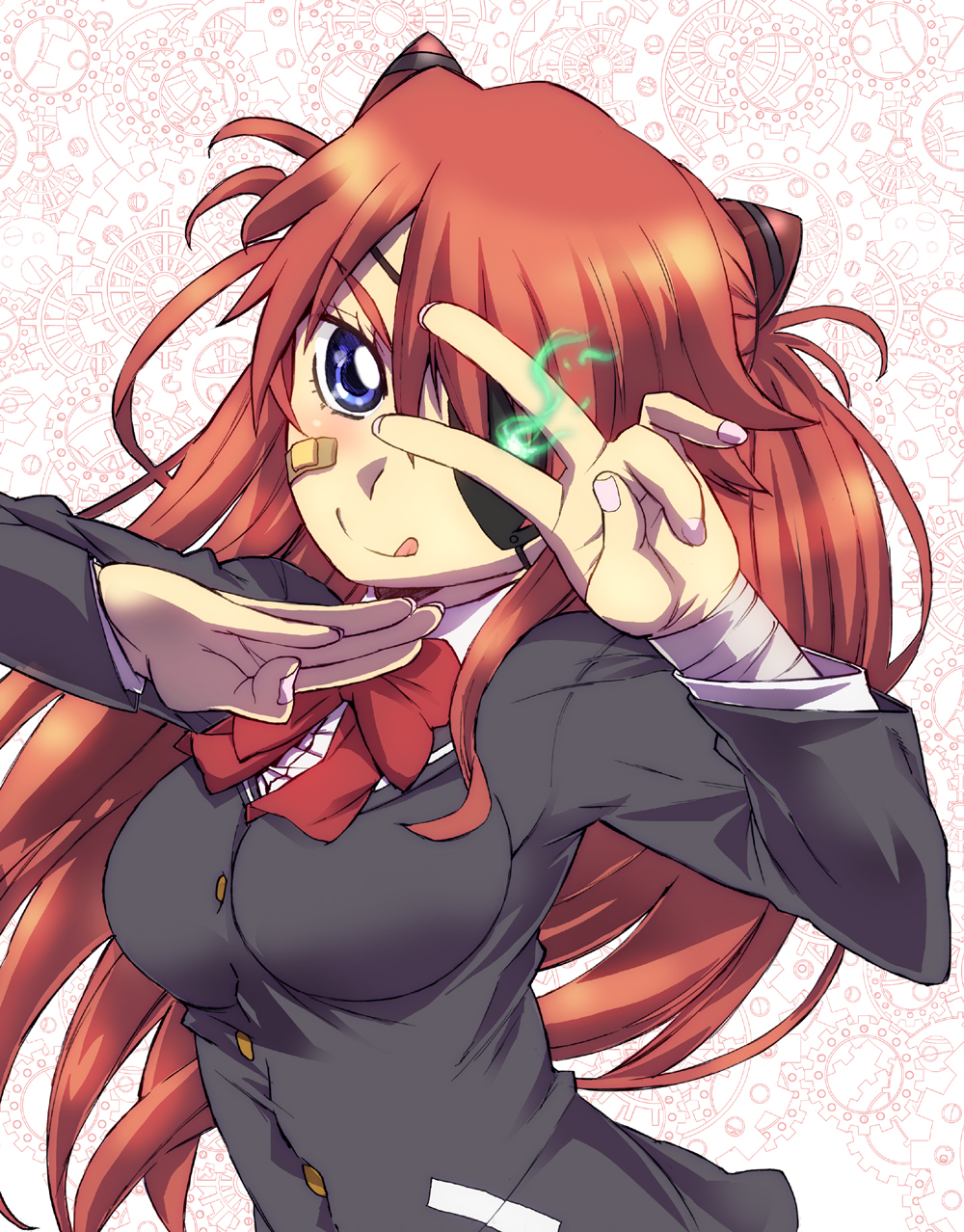 1girl bandaged_arm bandages bandaid bandaid_on_cheek bandaid_on_face black_jacket blue_eyes bow bowtie commentary_request eyepatch fire green_fire head_tilt highres interface_headset jacket nagy neon_genesis_evangelion orange_hair rebuild_of_evangelion red_bow red_bowtie solo souryuu_asuka_langley tongue tongue_out upper_body