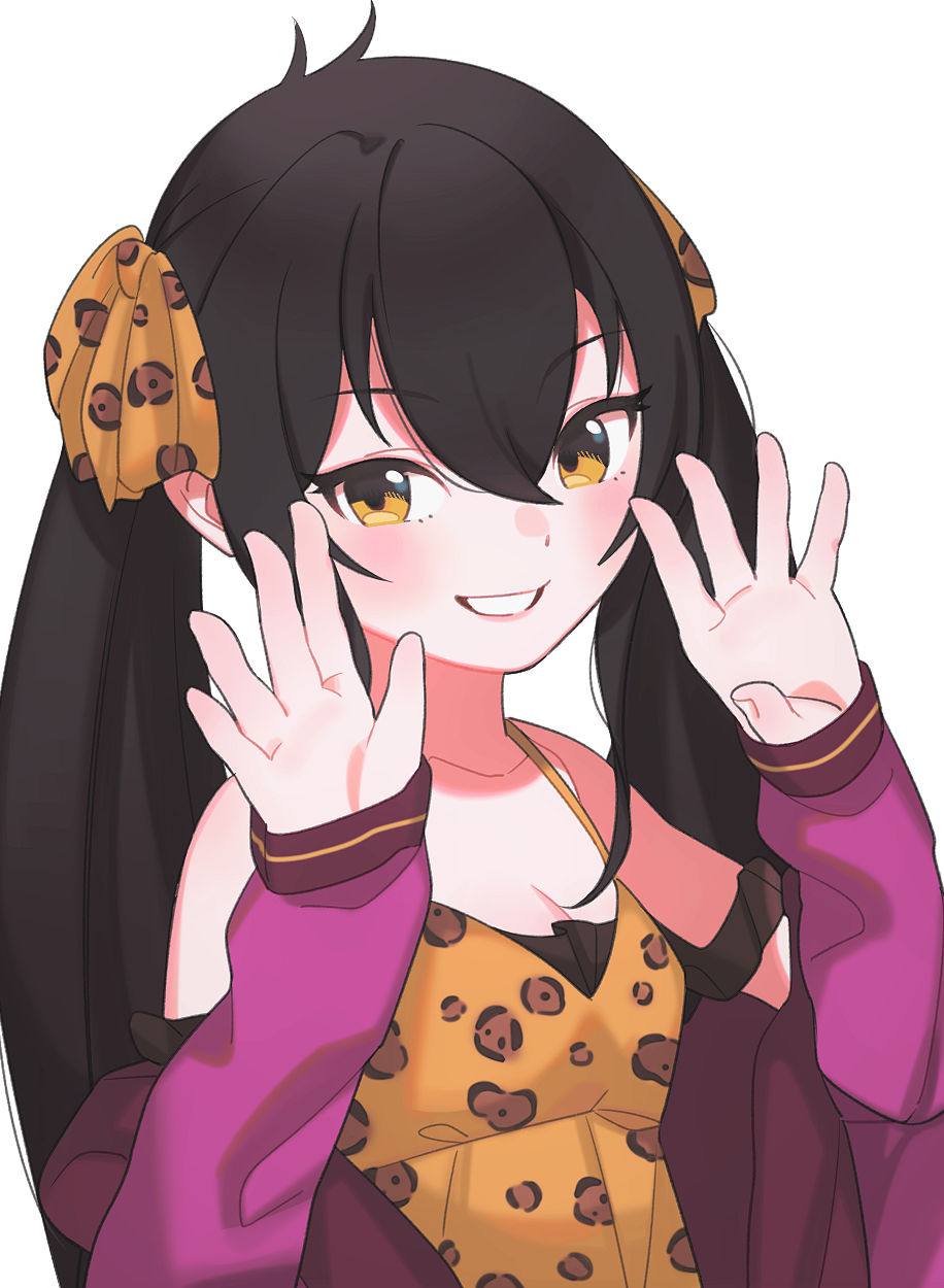 1girl animal_print black_hair blush bow breasts cleavage dress grin hair_between_eyes hair_bow hands_up highres idolmaster idolmaster_cinderella_girls inuyama_nanami jacket leopard_print long_hair looking_at_viewer matoba_risa off_shoulder orange_bow orange_dress pink_jacket simple_background small_breasts smile solo twintails upper_body white_background yellow_eyes