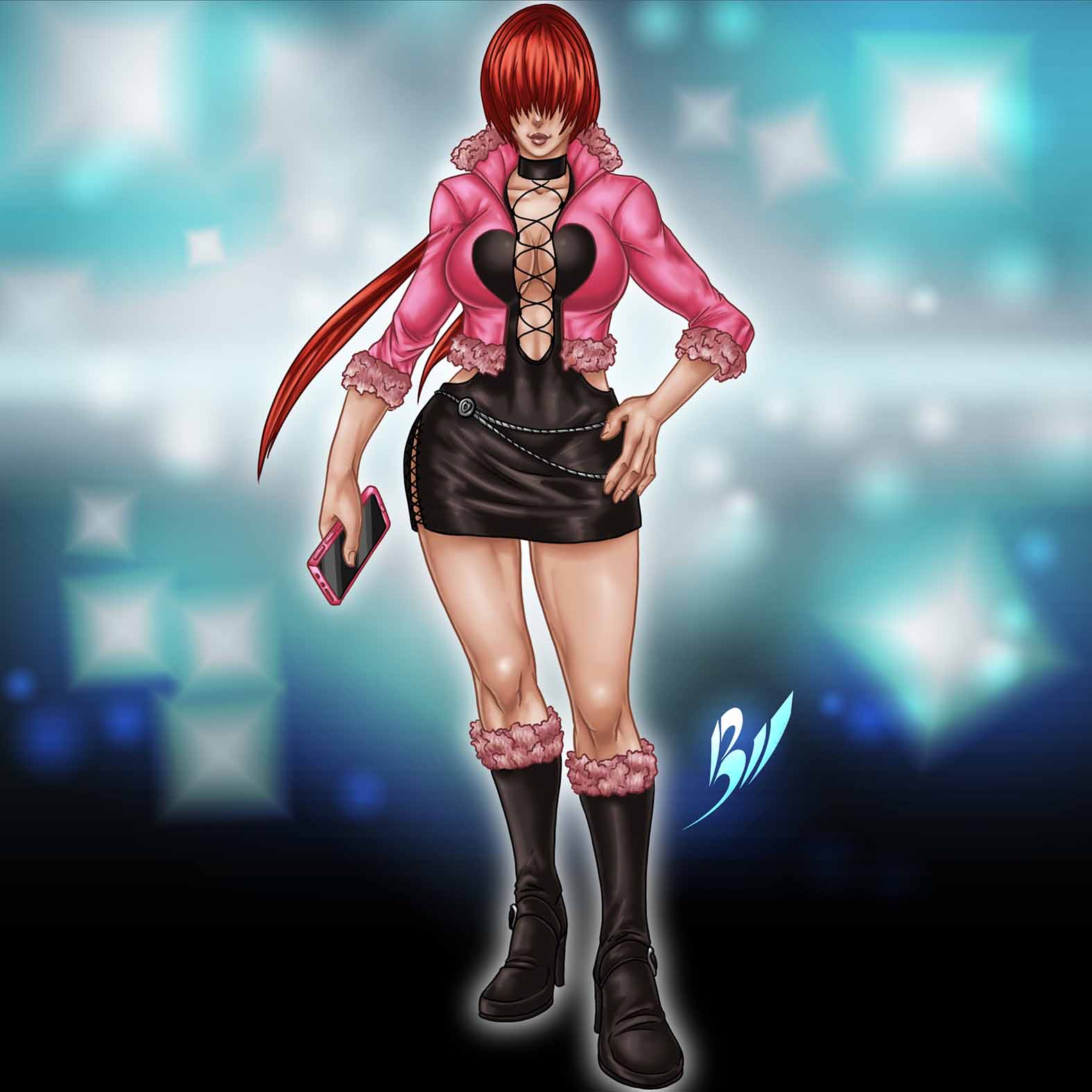 1girl bilcassonato boots breasts busty_female cleavage curvy female_focus heeled_boots huge_breasts latex leather long_hair long_sleeves pale_skin phone ponytail red_hair shermie_(kof) skirt standing the_king_of_fighters thick_lips thick_thighs thighs wide_hips