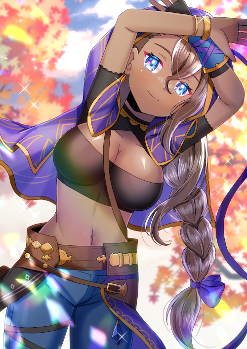 1girl arms_up bangle belt blue_eyes blue_pants blue_sky blurry blurry_background bow bracelet braid breasts brown_belt brown_hair cleavage closed_mouth cloud collarbone commentary_request commission crossed_wrists dark-skinned_female dark_skin day depth_of_field glint granblue_fantasy hair_between_eyes hair_bow jewelry kou_hiyoyo leaning_to_the_side long_hair medium_breasts navel outdoors pants purple_bow single_braid skeb_commission sky smile solo tabina_(granblue_fantasy) very_long_hair