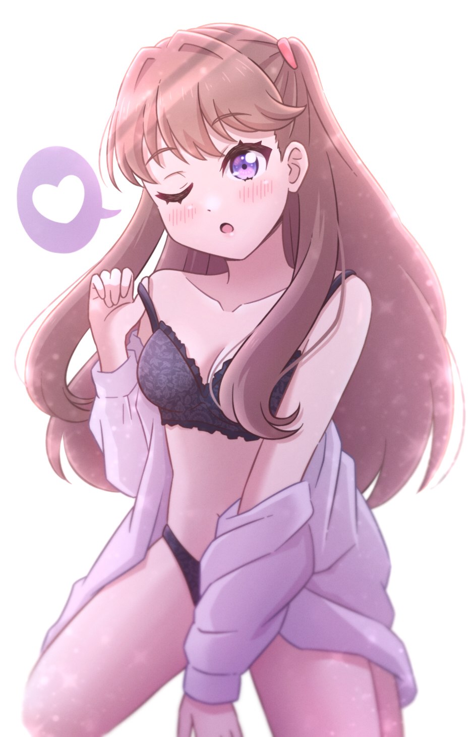 1girl ;o akihitohappy black_bra black_panties bra breasts brown_hair check_commentary cleavage collarbone commentary_request fujishima_megumi heart highres kneeling link!_like!_love_live! long_hair looking_at_viewer love_live! medium_breasts one_eye_closed panties purple_eyes shirt shirt_partially_removed simple_background solo spoken_heart strap_pull two_side_up underwear virtual_youtuber white_background white_shirt