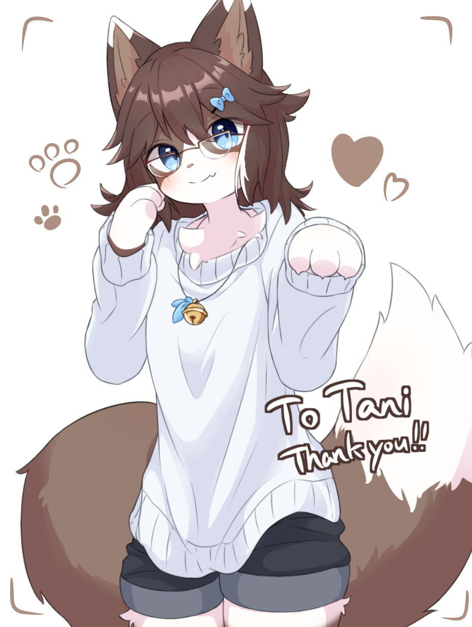 1girl animal_ears bell blue_bow blue_eyes bow brown_hair closed_mouth fang furry furry_female glasses hair_bow heart hetakitsune highres long_sleeves looking_at_viewer original shorts solo sweater tail thank_you white_sweater