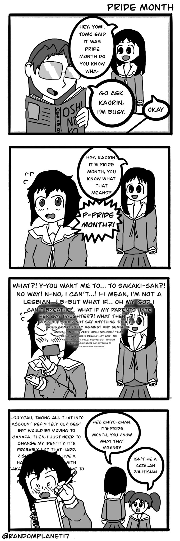 4girls 4koma azumanga_daiou blush comic english_text glasses highres kaori_(azumanga_daioh) kasuga_ayumu lgbt_pride mihama_chiyo mizuhara_koyomi monochrome multiple_girls notepad opaque_glasses open_mouth pencil pleated_skirt pride_month randomplanet17 school_uniform serafuku skirt twintails waving_arm