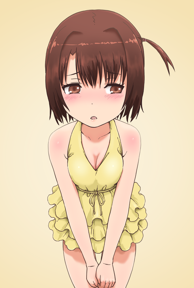 1girl :o bad_id bad_pixiv_id blush body_blush breasts brown_eyes brown_hair casual_one-piece_swimsuit cleavage female_focus haruue_erii looking_away one-piece_swimsuit short_hair side_ponytail solo swimsuit thigh_gap toaru_kagaku_no_railgun toaru_majutsu_no_index tsi