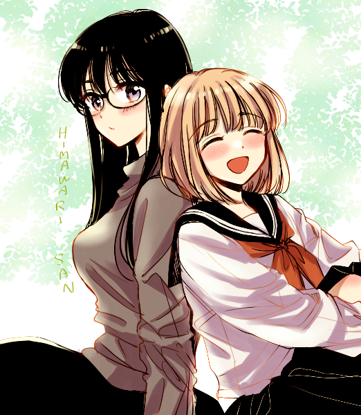 2girls :d black-framed_eyewear black_hair black_sailor_collar black_skirt blush breasts brown_shirt closed_eyes closed_mouth commentary_request copyright_name dated_commentary glasses happy himawari-san himawari-san_(character) kazamatsuri_matsuri large_breasts light_brown_hair long_hair long_skirt long_sleeves looking_at_viewer multiple_girls neckerchief open_mouth purple_eyes red_neckerchief sailor_collar school_uniform serafuku shirt short_hair simple_background sitting sketch skirt smile sugano_manami white_shirt