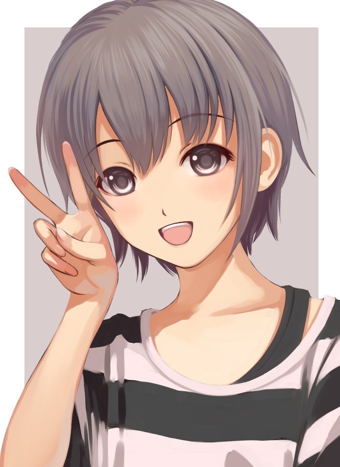 10s 1girl black_eyes blush female_focus grey_hair idolmaster idolmaster_cinderella_girls looking_at_viewer nekopuchi open_mouth otokura_yuuki shirt short_hair simple_background smile solo striped_clothes striped_shirt v