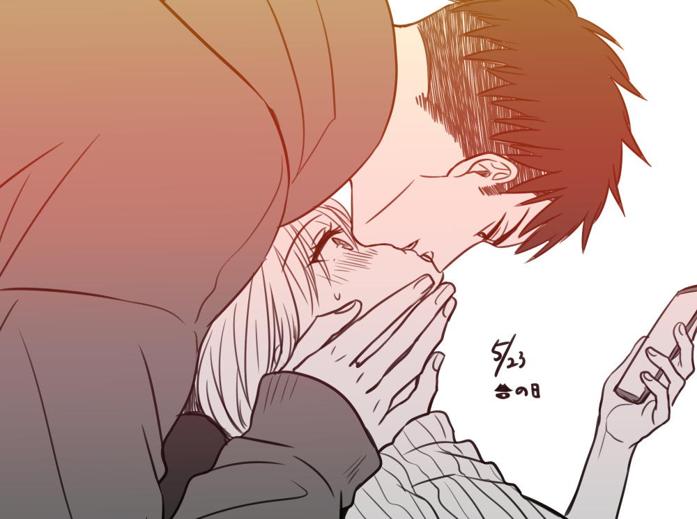 1boy 1girl blush cellphone commentary_request fujihashi_ryou hetero holding holding_phone hood hoodie kiss looking_at_another mizuno_souma monochrome phone short_hair simple_background sleeves_past_wrists smartphone surprise_kiss surprised sweater tarou_(you-0512) turtleneck turtleneck_sweater undercut very_short_hair white_background yubisaki_kara_no_honki_no_netsujou