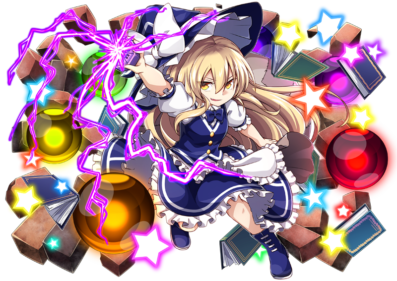 1girl blonde_hair blue_bow blue_footwear blue_skirt book boots bow female_focus frilled_skirt frills hat hat_bow kirisame_marisa long_hair mini-hakkero nogisaka_kushio puffy_short_sleeves puffy_sleeves short_sleeves skirt skirt_set solo star_(symbol) touhou transparent_background white_bow witch_hat yellow_eyes