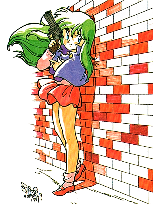 1980s_(style) 1girl against_wall ayanokouji_rem blue_eyes brick_wall dated dream_hunter_rem floating_hair full_body green_hair gun handgun holding holding_gun holding_weapon long_hair long_sleeves looking_at_viewer mary_janes miniskirt non-web_source oldschool red_footwear red_skirt retro_artstyle revolver shoes signature skirt smile standing weapon