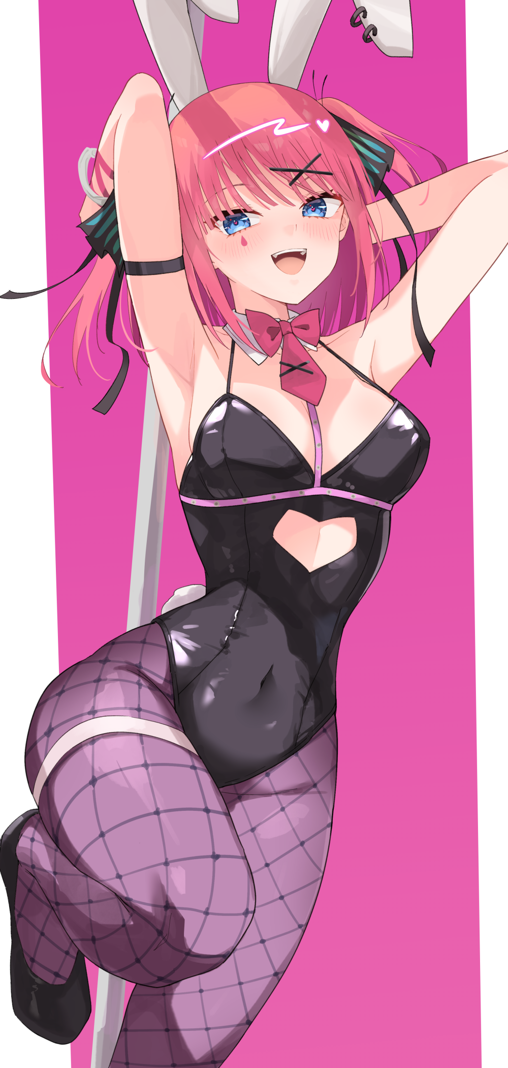 1girl animal_ears arm_strap armpits arms_behind_head arms_up bare_shoulders black_footwear black_leotard blue_eyes blush bow bowtie breasts commentary_request covered_navel cutout_above_navel detached_collar fake_animal_ears fishnet_pantyhose fishnets go-toubun_no_hanayome hair_ornament highleg highleg_leotard highres large_breasts leg_up leotard looking_at_viewer medium_hair nakano_nino open_mouth pantyhose playboy_bunny profnote rabbit_ears rabbit_hole_(vocaloid) red_bow red_bowtie red_hair smile solo teardrop_facial_mark teeth thigh_strap two_side_up upper_teeth_only x_hair_ornament