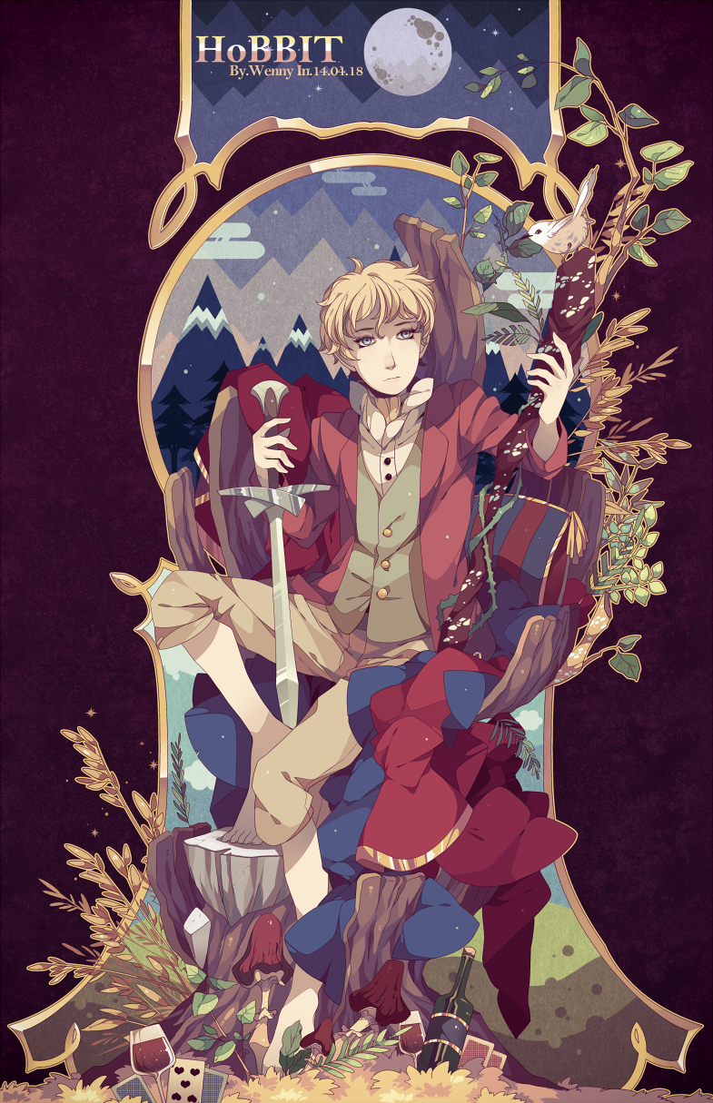 1boy bilbo_baggins blonde_hair highres tolkien&#039;s_legendarium male_focus middle_earth planted planted_sword planted_weapon solo staff sword the_hobbit weapon wenny02