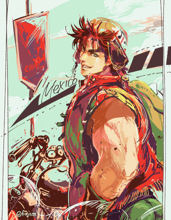 1boy aviator_cap backpack bag battle_tendency fujisee jacket jojo_no_kimyou_na_bouken joseph_joestar joseph_joestar_(young) male_focus motor_vehicle motorcycle official_alternate_costume red_hair solo tegaki