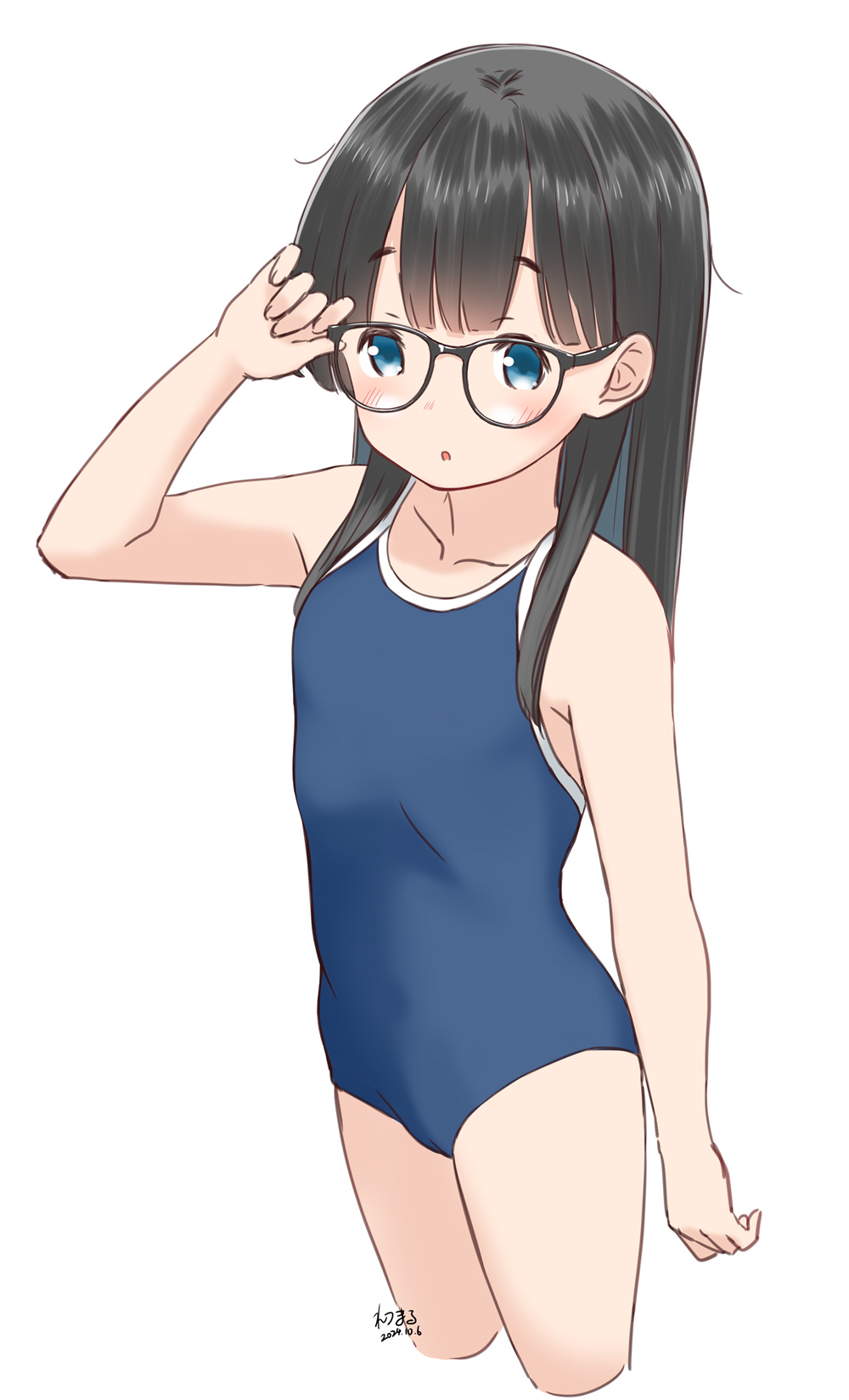 1girl adjusting_eyewear artist_name bare_shoulders black-framed_eyewear blue_eyes blue_one-piece_swimsuit blunt_bangs blush brown_hair collarbone competition_school_swimsuit cropped_legs dated flat_chest from_above glasses highres long_hair looking_at_viewer one-piece_swimsuit open_mouth original retsumaru school_swimsuit sidelocks signature simple_background solo standing swimsuit white_background