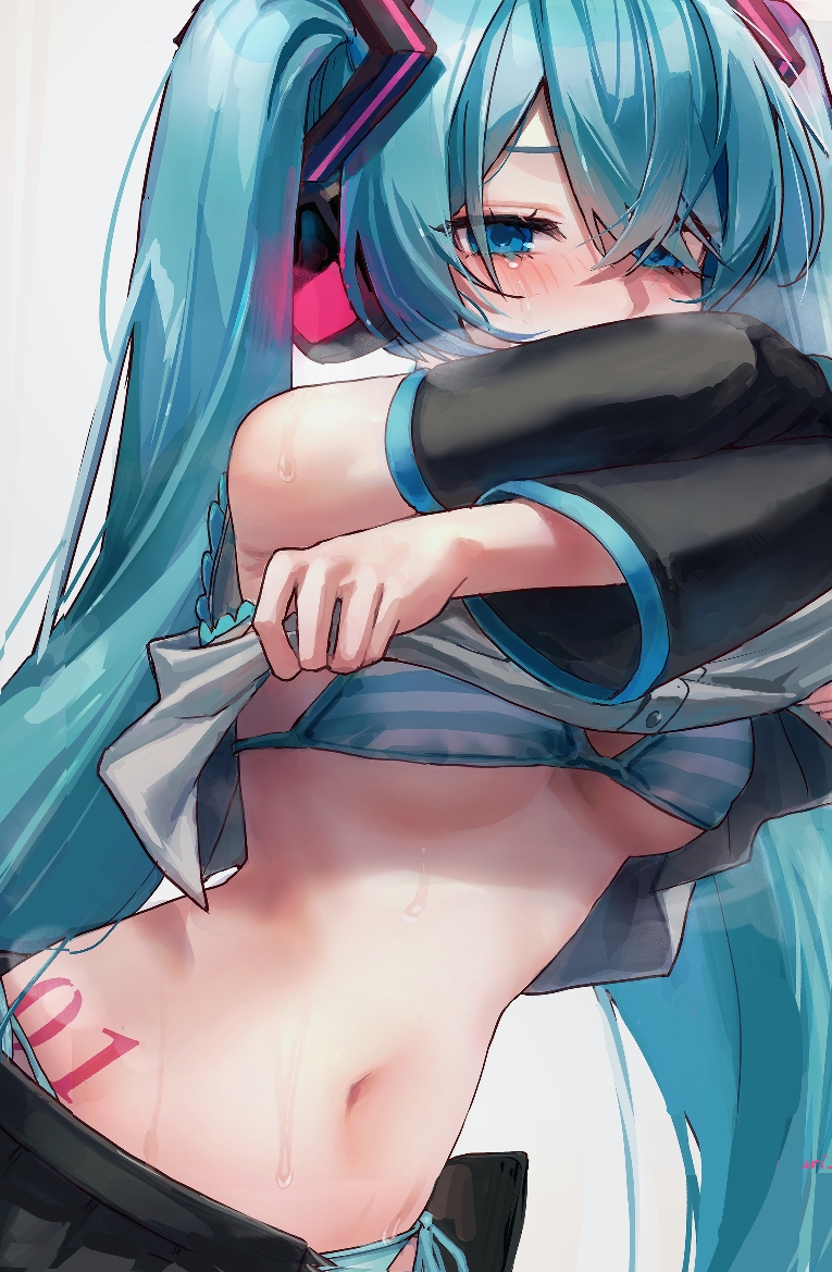 1girl aqua_hair bikini bikini_under_clothes black_skirt black_sleeves blue_bikini blue_eyes blush breasts breath buttons clothes_lift commentary_request covered_mouth cowboy_shot detached_sleeves frown grey_background grey_shirt half-closed_eyes hatsune_miku headphones hip_tattoo lifting_own_clothes long_hair long_sleeves looking_ahead medium_breasts navel nose_blush number_tattoo open_clothes open_skirt pleated_skirt red_tattoo shirt shirt_lift side-tie_bikini_bottom simple_background skirt sleeveless sleeveless_shirt solo stomach striped_bikini striped_clothes sweat swimsuit tattoo twintails underboob undressing vocaloid white_bikini yuuri_(0914yuuri_k)