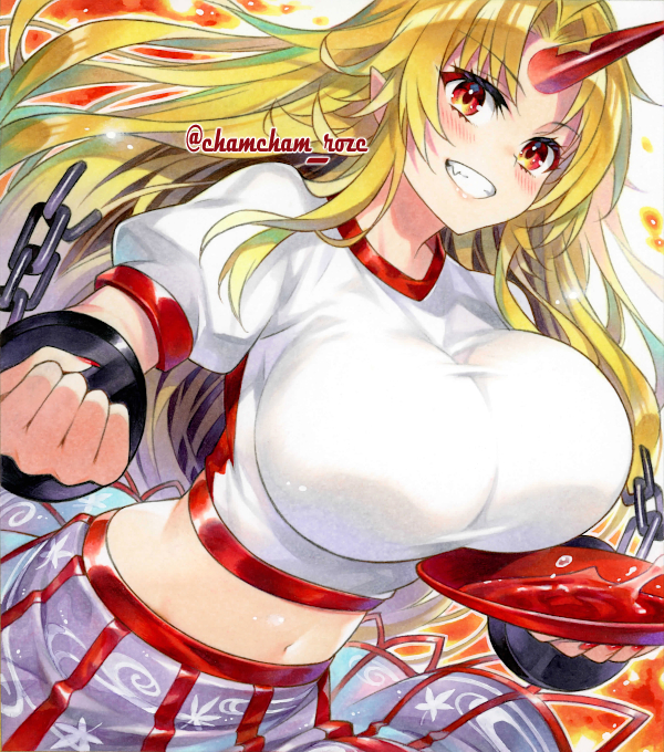 1girl alcohol blonde_hair blush breasts chacham chain circle_skirt clenched_hand commentary_request crop_top cropped_shirt cuffs cup curtained_hair fang grin holding holding_cup horns hoshiguma_yuugi huge_breasts long_hair looking_at_viewer marker_(medium) midriff navel partial_commentary pointy_ears puffy_short_sleeves puffy_sleeves red_eyes red_nails sakazuki sake shackles shirt short_sleeves single_horn smile solo star_(symbol) touhou traditional_media twitter_username upper_body very_long_hair white_shirt