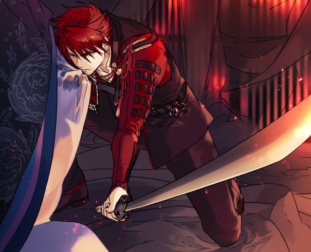 10s 1boy armor bad_id bad_twitter_id fire formal_clothes holding holding_weapon japanese_armor kneeling looking_at_viewer male_focus on_one_knee ookanehira_(touken_ranbu) red_hair solo spiked_hair suit sword touken_ranbu weapon yellow_eyes