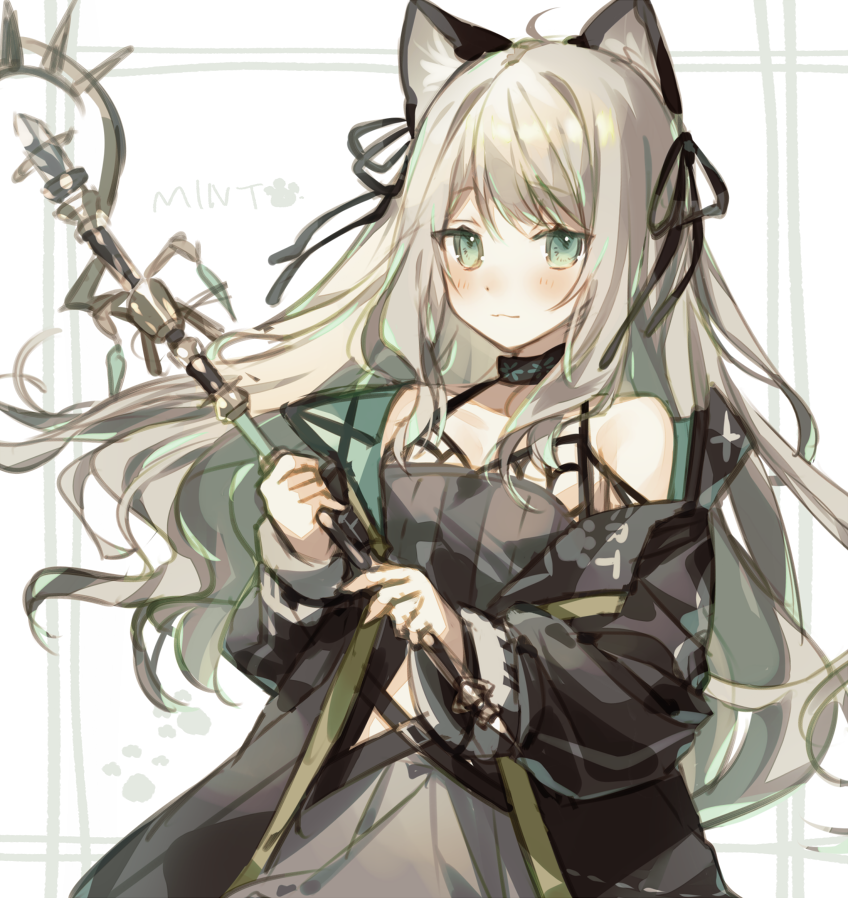 1girl animal_ears arknights bad_id bad_pixiv_id bare_shoulders black_bow black_dress black_jacket blush bow cat_ears character_name dress en_(shisui_no_utage) green_eyes hair_bow holding holding_wand infection_monitor_(arknights) jacket long_hair looking_at_viewer mint_(arknights) mint_(elite_ii)_(arknights) one-hour_drawing_challenge solo spaghetti_strap upper_body wand white_hair