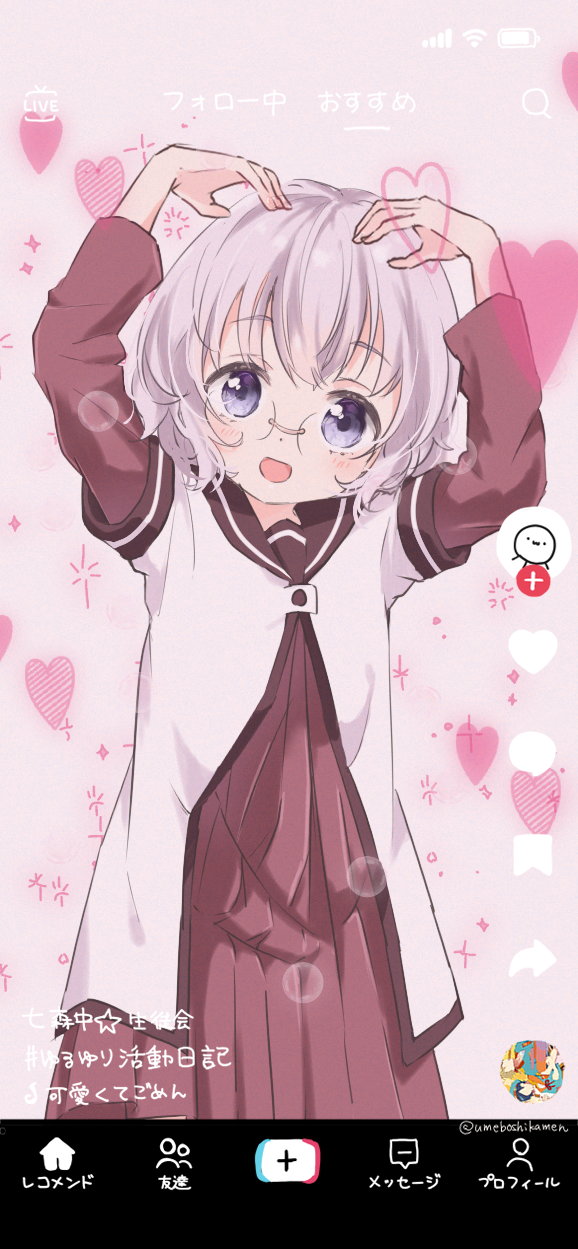 1girl arms_up black_sailor_collar blue_eyes dress fake_phone_screenshot fake_screenshot glasses grey_hair hands_on_own_head heart highres ikeda_chitose kawaikute_gomen_(honeyworks) layered_sleeves long_sleeves looking_at_viewer mearian namori_(character) nanamori_school_uniform open_mouth pink_background pleated_dress red_dress sailor_collar school_uniform shirt short_hair short_over_long_sleeves short_sleeves smile sparkle tiktok white_shirt yuru_yuri