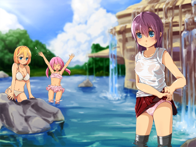 3girls multiple_girls official_art outdoors panties sister_travel underwear water wet wet_clothes wolf_rpg_editor