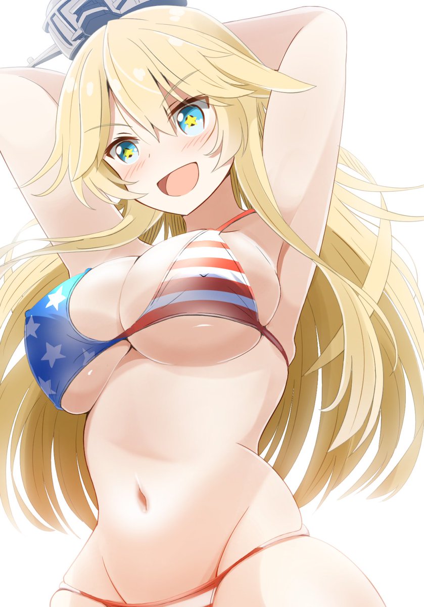 1girl american_flag american_flag_bikini american_flag_print arms_behind_head bikini breasts cleavage commentary_request cowboy_shot flag_print groin headgear highres iowa_(kancolle) kantai_collection large_breasts navel print_bikini ringo002 simple_background smile solo star-shaped_pupils star_(symbol) swimsuit symbol-shaped_pupils underboob white_background