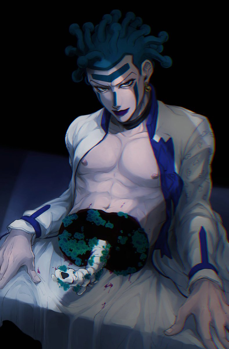 1boy arm_support bisected blood cioccolata deep_wound earrings facepaint facial_mark green_eyes green_hair guro highres injury jacket jewelry jojo_no_kimyou_na_bouken large_pectorals looking_at_viewer makeup male_focus mold muscular muscular_male no_undershirt on_bed open_clothes open_jacket pectorals purple_lips sano_(hospital_0434) severed_torso smirk solo spine stand_(jojo) vento_aureo white_jacket