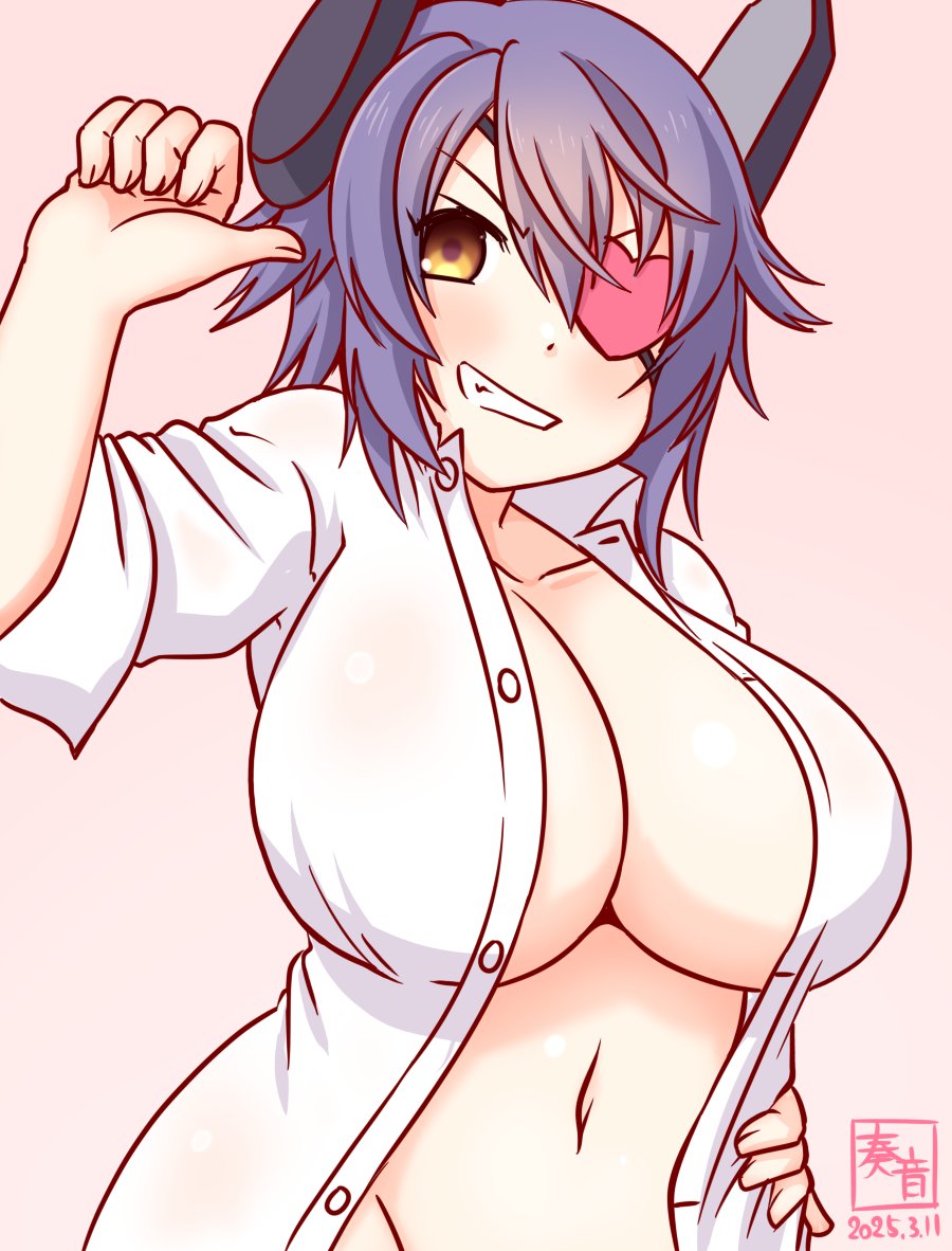 1girl artist_logo breasts brown_eyes cleavage collared_shirt dated dress_shirt eyepatch gradient_background grin hand_on_own_hip headgear heart heart_eyepatch kanon_(kurogane_knights) kantai_collection large_breasts logo looking_at_viewer no_panties one-hour_drawing_challenge open_mouth out-of-frame_censoring purple_hair shirt short_hair smile solo tenryuu_(kancolle) tenryuu_kai_ni_(kancolle) upper_body white_shirt