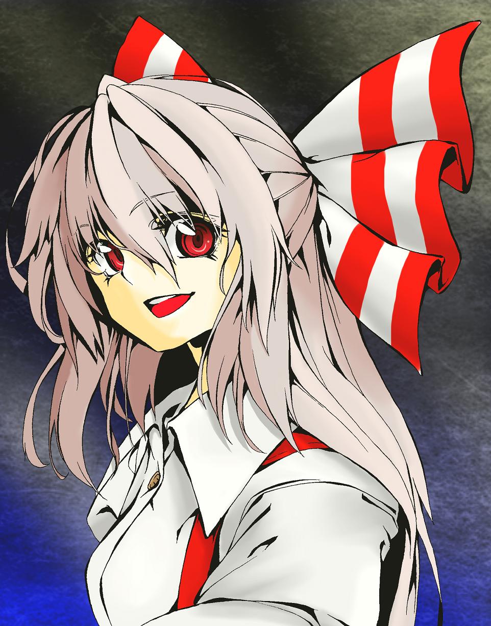 1girl bad_id bad_pixiv_id female_focus fujiwara_no_mokou gradient_background hair_ribbon highres long_hair red_eyes ribbon shigurio silver_hair smile solo suspenders touhou