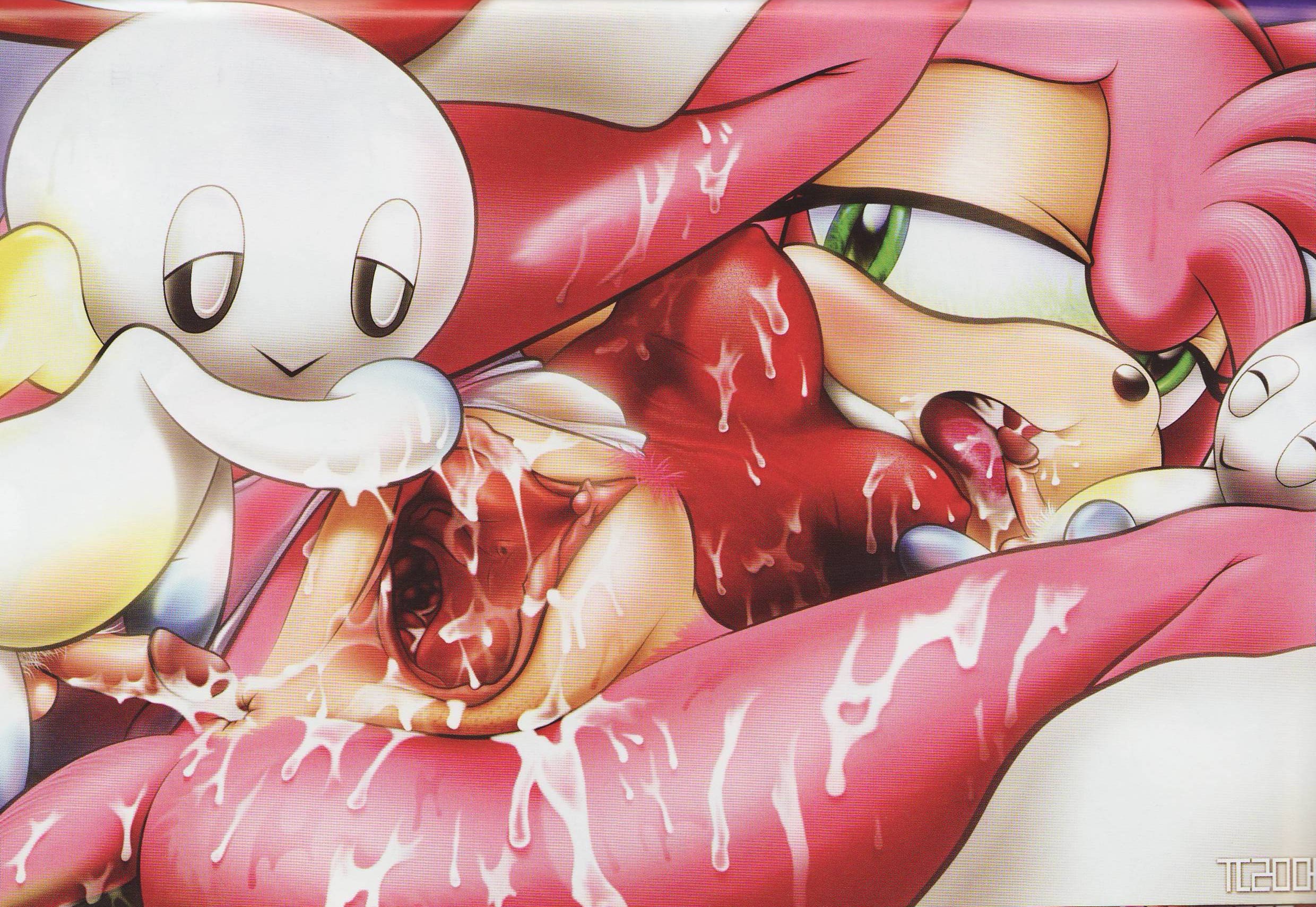 tcprod, amy rose, chao (sonic), hero chao, sega, sonic (series), highres,  1girl, anus, clitoris, clothing aside, covered erect nipples, furry, green  eyes, nude, open mouth, orgasm, panties, panties aside, penis, pubic hair,