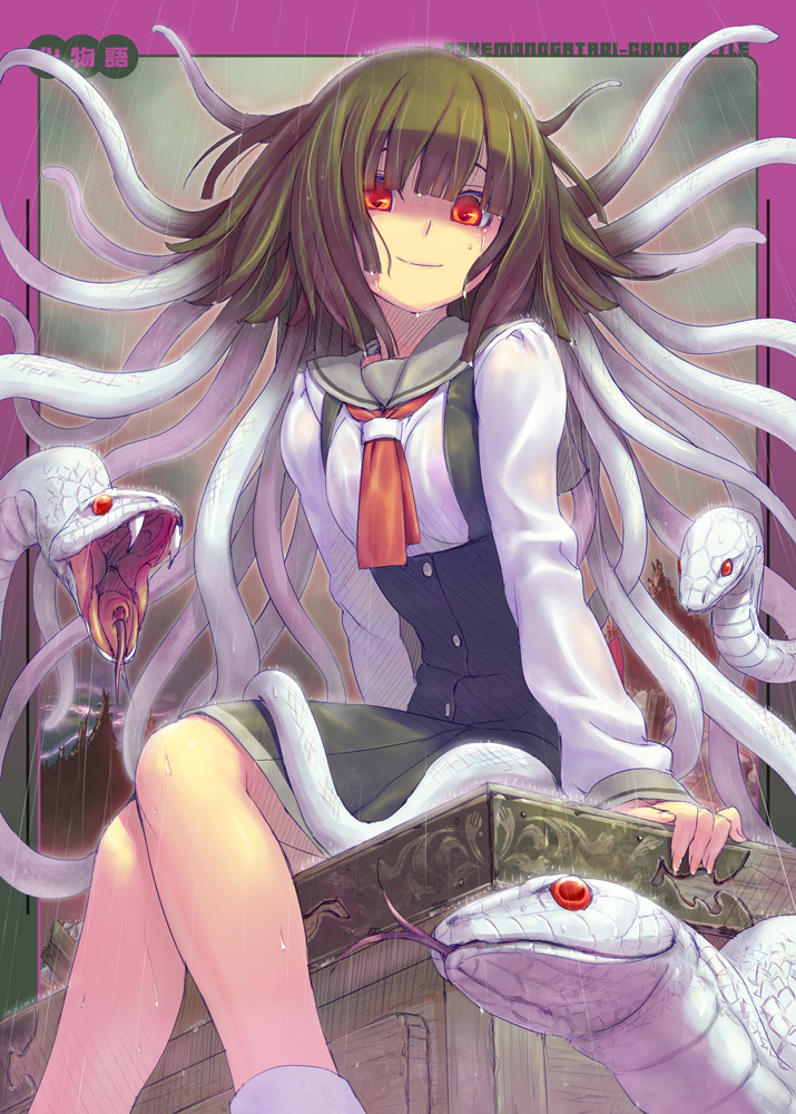 1girl bakemonogatari brown_eyes female_focus kuchinawa legs monogatari_(series) otorimonogatari piro_(artist) piro_(orip) rain red_eyes sengoku_nadeko smile snake snake_hair solo