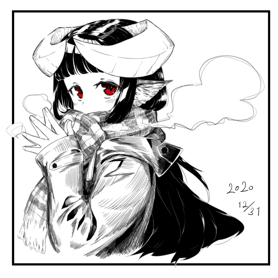 1girl animal_ears blush breath coat commentary_request covered_mouth cropped_torso curled_horns dated enpera fringe_trim hands_up horned_girl_(jaco) horns jaco long_hair long_sleeves looking_at_viewer monochrome original red_eyes scarf sleeves_past_wrists solo spot_color steepled_fingers upper_body very_long_hair white_background