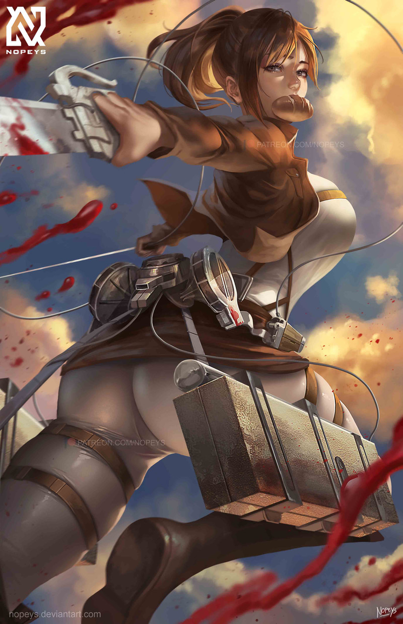 1girl artist_name blood bloody_weapon bread brown_hair cloud cloudy_sky commentary commission deviantart_logo deviantart_username english_commentary evening food high_ponytail highres holding holding_sword holding_weapon jacket long_sleeves looking_at_viewer military_uniform mouth_hold nopeys open_clothes open_jacket outdoors paradis_military_uniform patreon_logo patreon_username ponytail realistic sasha_blouse shingeki_no_kyojin signature sky solo sword watermark weapon web_address