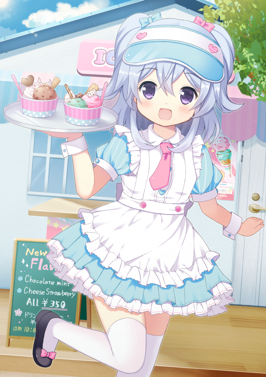 1girl :d blue_hair blue_sky bow cloud commentary_request d_omm day female_focus food footwear_bow hair_bow heart highres ice_cream ice_cream_scoop leaf long_hair looking_at_viewer moe2016 necktie open_mouth original outdoors puffy_short_sleeves puffy_sleeves purple_eyes shoes short_sleeves sky smile solo standing standing_on_one_leg storefront thighhighs tray two_side_up visor_cap waitress white_thighhighs wrist_cuffs zettai_ryouiki