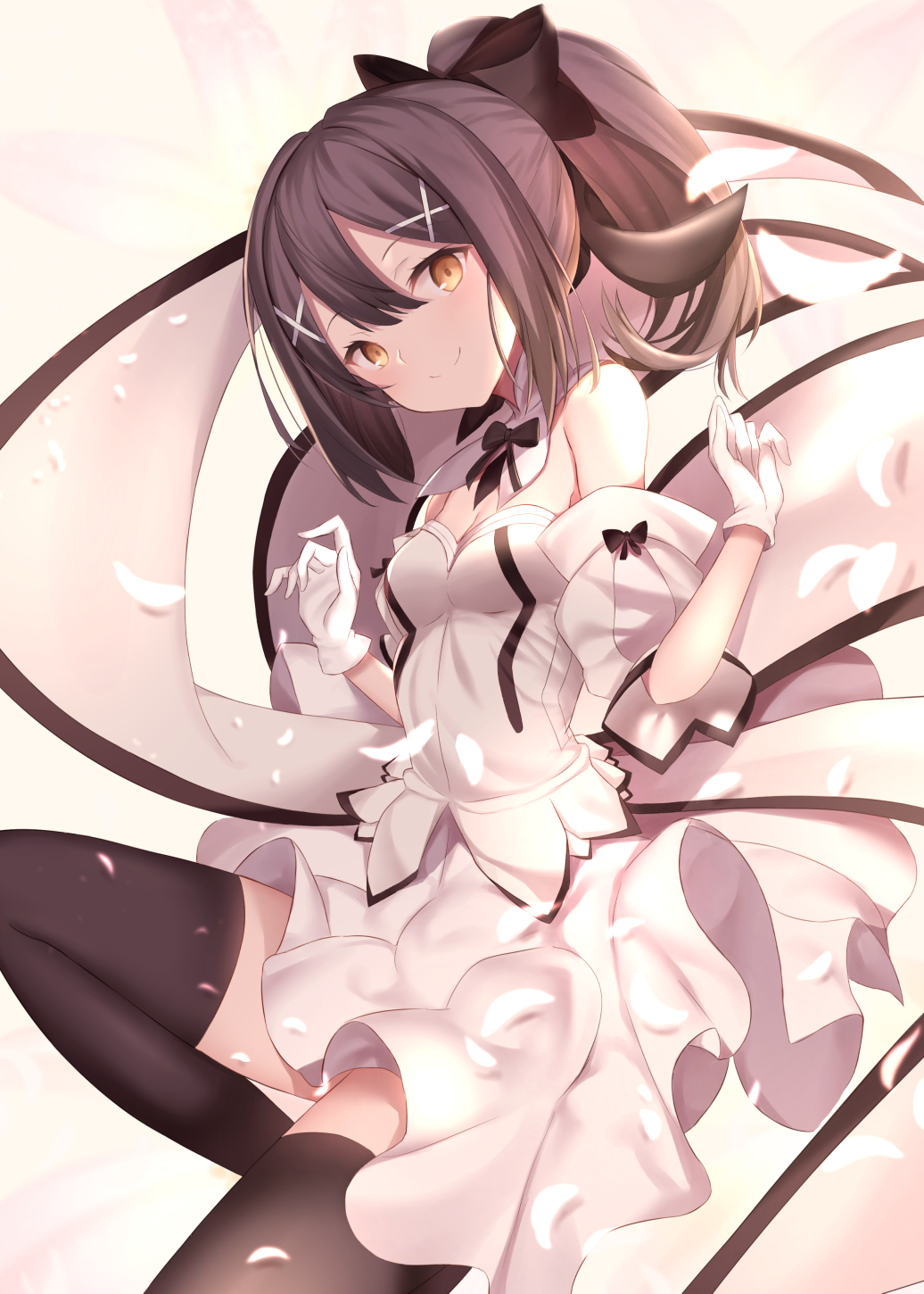 1girl bare_shoulders black_bow black_hair black_thighhighs blush bow breasts brown_eyes closed_mouth dress fate/kaleid_liner_prisma_illya fate_(series) gloves hair_bow hair_ornament hairclip highres long_hair looking_at_viewer maosame miyu_edelfelt petals ponytail simple_background small_breasts smile solo thighhighs white_dress white_gloves