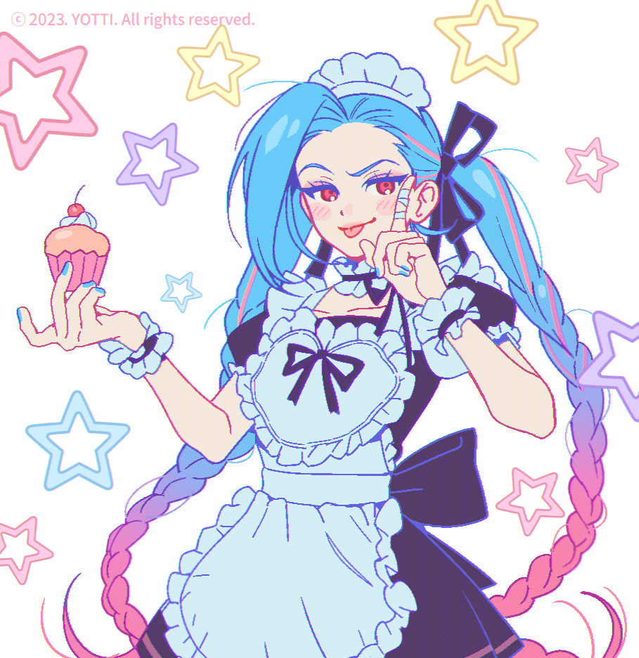 1girl alternate_costume apron asymmetrical_bangs black_dress black_ribbon blue_nails blush braid cafe_cuties_(league_of_legends) cherry cupcake dress enmaided food frilled_apron frills fruit hand_up holding holding_food index_finger_raised jinx_(league_of_legends) korean_commentary league_of_legends looking_at_viewer maid maid_apron maid_headdress multicolored_hair nail_polish pink_hair ribbon smile solo star_(symbol) tongue tongue_out twin_braids waist_apron watermark white_apron yotti