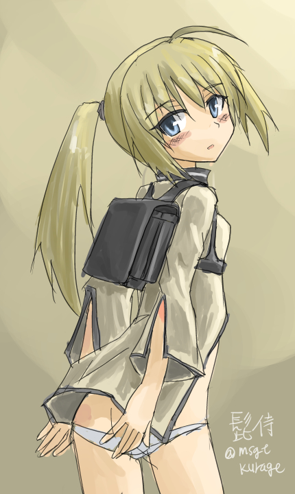 1girl ass backpack bag blonde_hair blue_eyes butt_crack charlotte_lueder female_focus gradient_background higezamurai_(kurage_gunsou) long_hair military military_uniform msgtkurage panties ponytail short_hair solo strike_witches underwear witches_of_africa world_witches_series