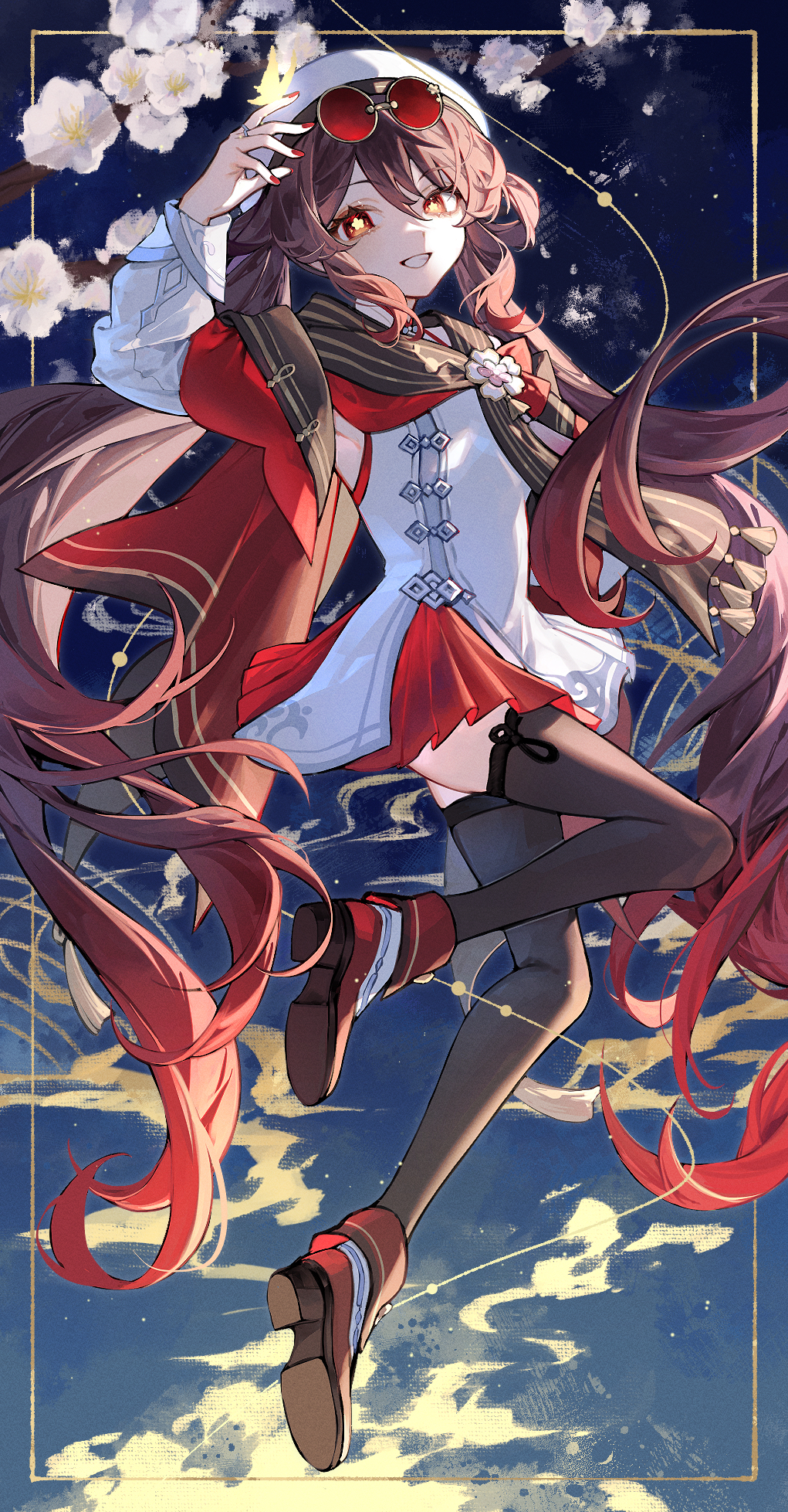 1girl ankle_boots black_thighhighs boots brown_hair brown_scarf cape commentary_request detached_sleeves eyewear_on_head flower-shaped_pupils full_body genshin_impact grin highres hu_tao_(cherries_snow-laden)_(genshin_impact) hu_tao_(genshin_impact) knee_up long_sleeves looking_at_viewer nail_polish nogi_(nokisaki) official_alternate_costume pleated_skirt red_cape red_eyes red_footwear red_nails red_skirt scarf shoe_soles skirt smile solo striped_clothes striped_scarf sunglasses symbol-shaped_pupils teeth thighhighs twintails zettai_ryouiki