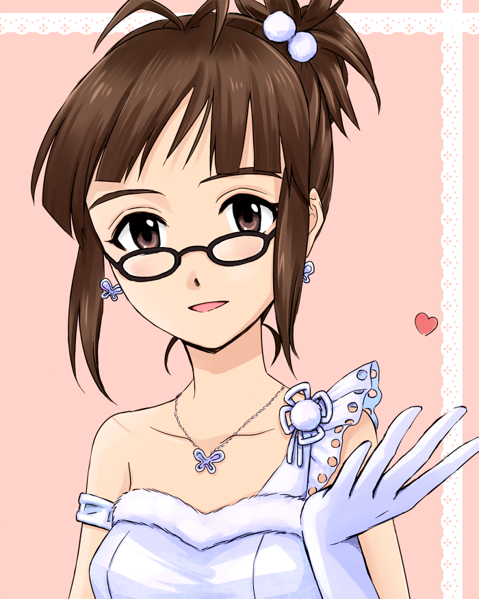 1girl akizuki_ritsuko antenna_hair brown_eyes brown_hair collarbone earrings female_focus glasses gloves heart idolmaster idolmaster_(classic) jewelry kghsgfssjs necklace parted_lips solo white_gloves