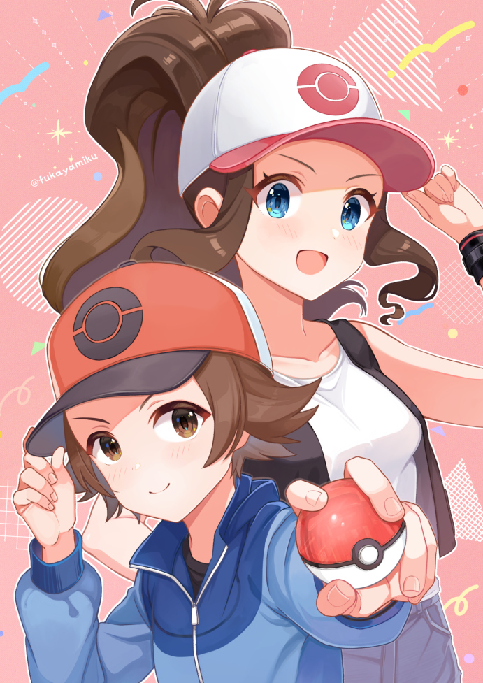 1boy 1girl :d antenna_hair black_vest blue_eyes blue_jacket brown_hair commentary_request creatures_(company) eyelashes fukaya_miku game_freak hand_on_headwear hand_up hat high_ponytail hilbert_(pokemon) hilda_(pokemon) holding holding_poke_ball jacket long_sleeves nintendo open_mouth pink_background poke_ball poke_ball_(basic) pokemon pokemon_bw shirt short_hair shorts sidelocks sleeveless sleeveless_shirt smile vest white_hat white_shirt wristband zipper_pull_tab