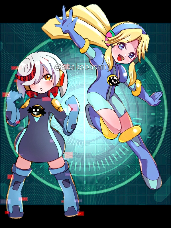 2girls akako83 alternate_costume artist_name blonde_hair blue_bodysuit blue_eyes blue_footwear blue_gloves blush bodysuit boots chestnut_mouth child commentary_request cosplay dr._eggman elbow_gloves glitch gloves hair_over_one_eye leg_up looking_at_viewer maria_robotnik mega_man_(series) mega_man_battle_network megaman.exe_(cosplay) multicolored_hair multiple_girls open_mouth orange_eyes red_hair roll.exe_(mega_man)_(cosplay) sage_(sonic) shadow_the_hedgehog sonic_(series) sonic_frontiers twitter_username two-tone_hair watermark white_hair