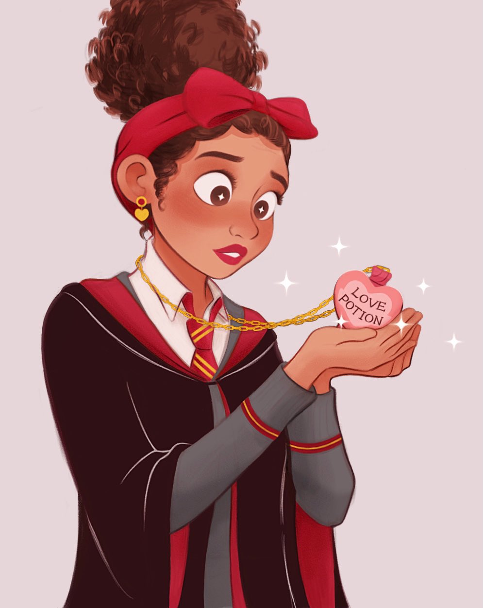 +_+ 1girl black_robe blush bottle chain chain_necklace commentary cosplay curly_hair dark-skinned_female dark_skin dolores_madrigal earrings encanto english_commentary hair_bun hairband heart heart_earrings highres hogwarts_school_uniform holding holding_bottle jewelry melchencanto necklace necktie red_eyes red_hairband robe school_uniform single_hair_bun solo sparkle striped_necktie upper_body wizarding_world