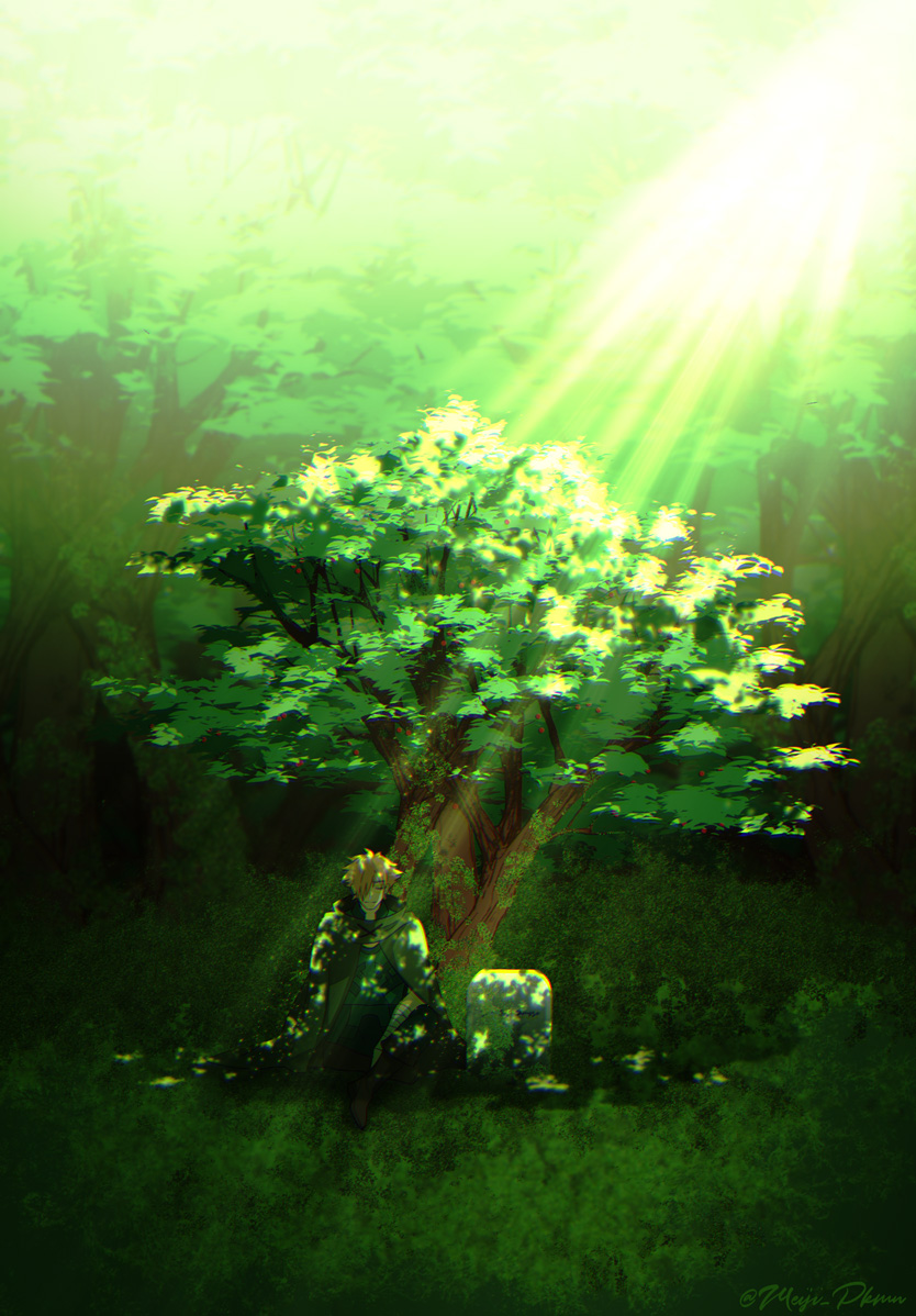 1boy bandages bandaged_arm bandages blonde_hair cape cherry cherry_tree closed_mouth closed_eyes fate/grand_order fate_(series) food forest fruit full_body green_cape light_rays male_focus meiji_ken nature on_grass outdoors robin_hood_(fate) short_hair sitting solo sunbeam sunlight tombstone